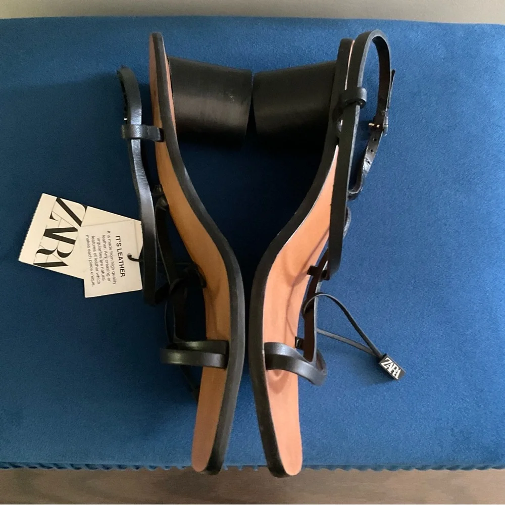 Zara Black Strappy heel Sandals with Brown Footbed